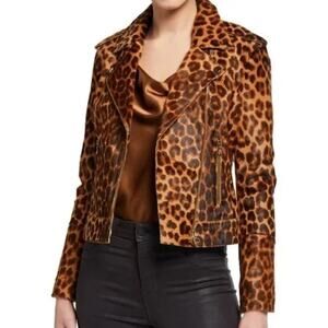 L'Agence Leopard Print Real Goat Hair Moto Biker Jacket Size XS NWT
